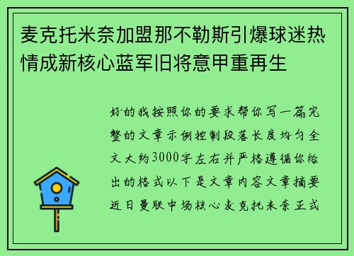 麦克托米奈加盟那不勒斯引爆球迷热情成新核心蓝军旧将意甲重再生