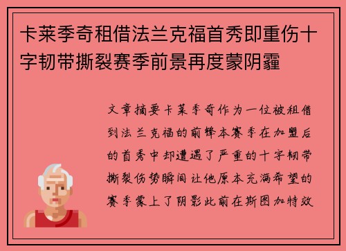 卡莱季奇租借法兰克福首秀即重伤十字韧带撕裂赛季前景再度蒙阴霾